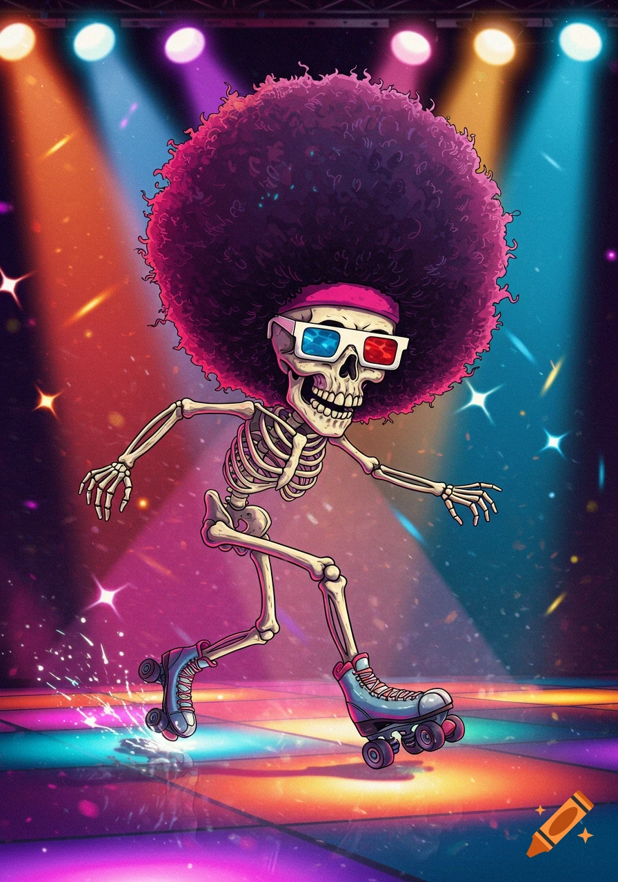 Cartoon skeleton with a purple afro, 3D glasses, and pink sweatband roller skates on a colorful disco floor.