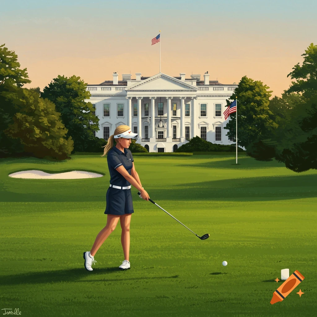 Illustrative painting of a blonde woman golfer in a navy outfit preparing to swing, with the White House and an American flag behind her.