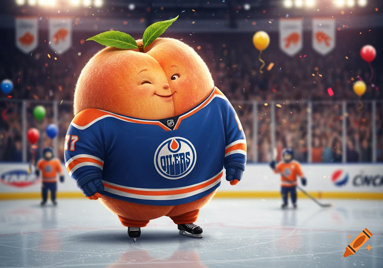 A cute, anthropomorphic peach character wearing a blue Edmonton Oilers hockey jersey and ice skates, standing on an ice rink with a cheering crowd and confetti in the background. The peach winks and smiles.