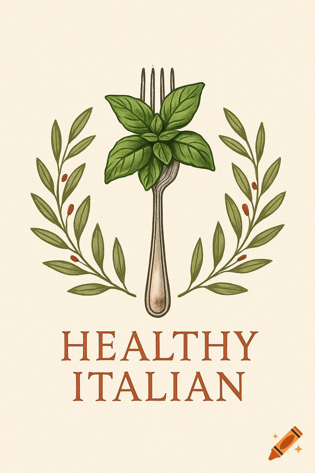 A vintage-style logo for Healthy Italian, featuring a fork with basil leaves and a wreath of olive branches.