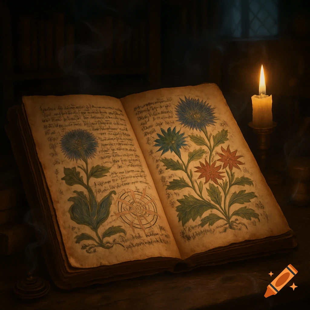 An open, ancient manuscript with botanical illustrations and illegible script, illuminated by a single candle in a dark, atmospheric room.