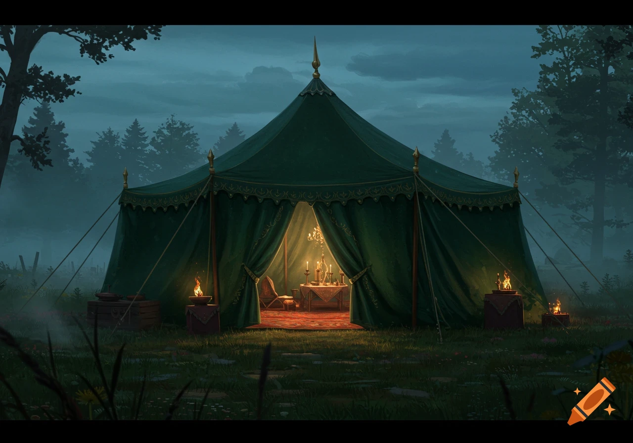 A large, ornate green tent with a glowing interior stands in a misty forest at night, lit by candles and two small fires.