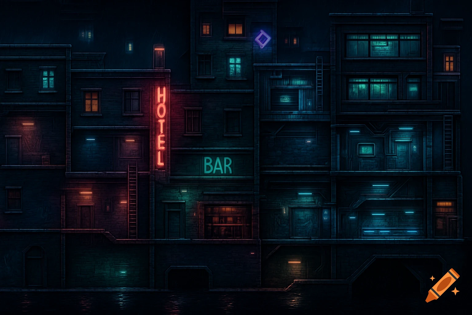 A dark, neon-lit 2D side-scroller game map of a city street with buildings, a hotel, and a bar sign, at night.