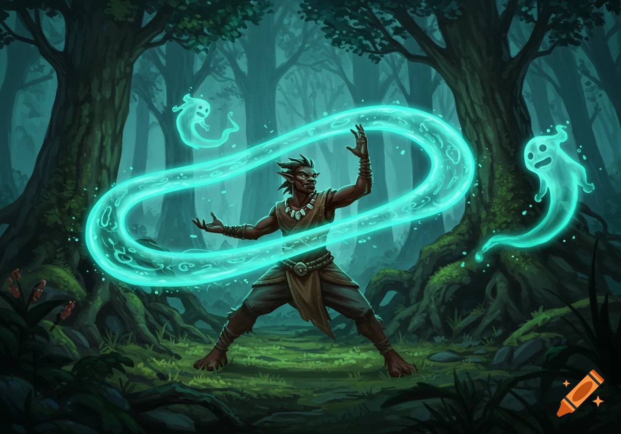 Dark-skinned fantasy character with horns and tribal attire manipulates a glowing blue energy stream with two ghosts in a mystical forest. Digital art.