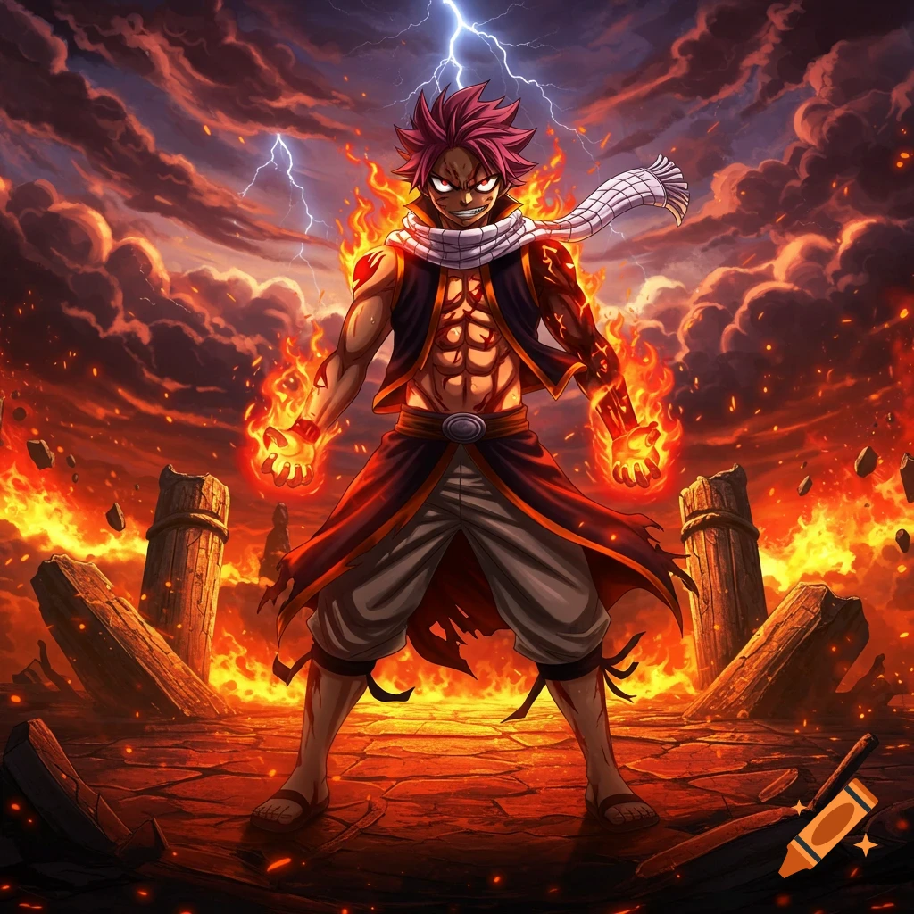 Natsu Dragneel stands powerfully amidst a fiery, stormy landscape with lightning, his body engulfed in flames, in anime style.