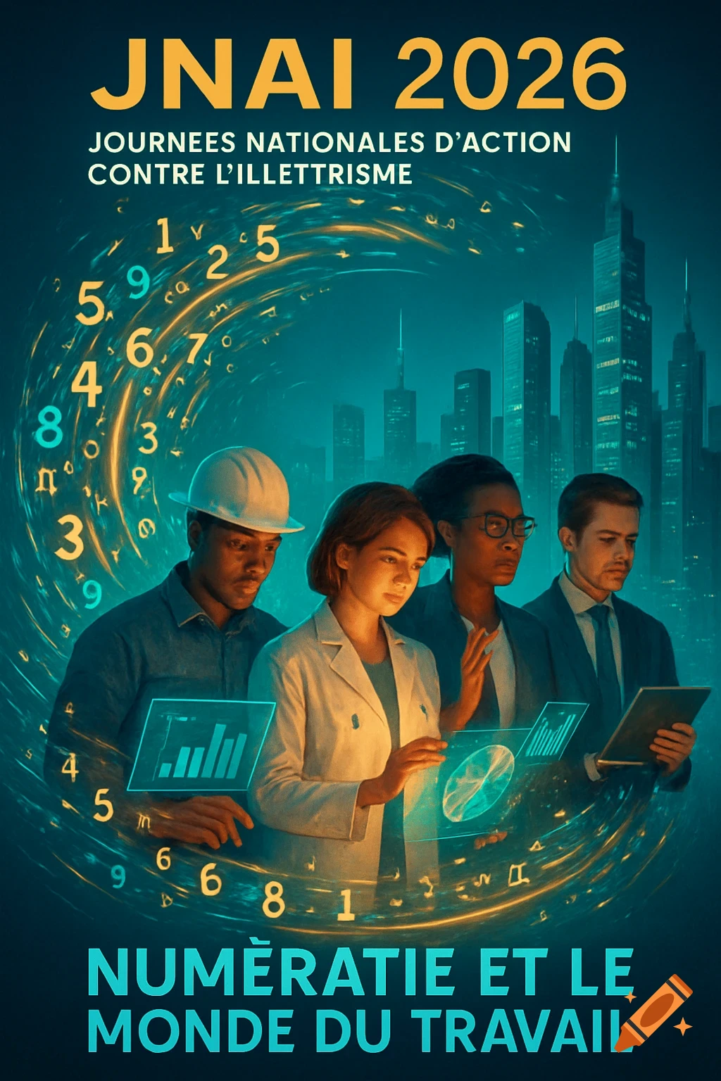 A poster for JNAI 2026 with diverse professionals looking at digital data, a cityscape, and swirling numbers.