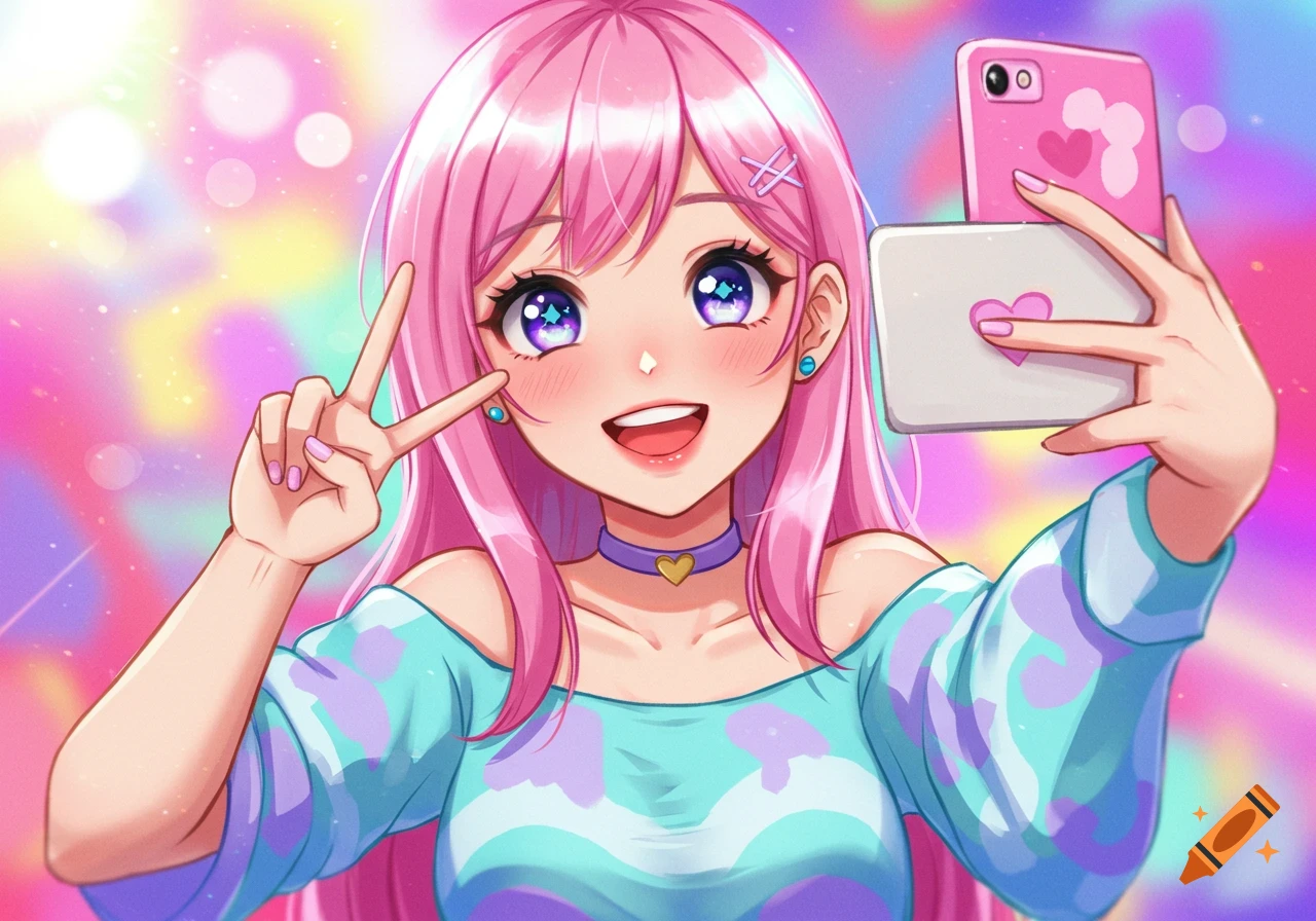 Vibrant anime illustration of a pink-haired girl making a peace sign and taking a selfie against a colorful bokeh background.