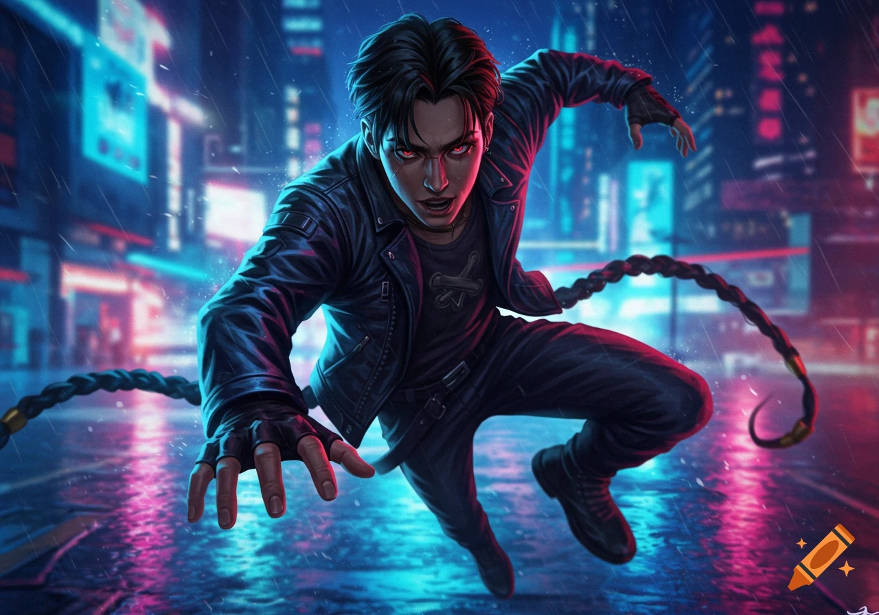 A young man with red glowing eyes and a leather jacket jumps in a rainy cyberpunk city, stylized art.