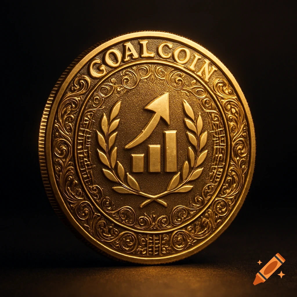A highly detailed golden coin with "GOALCOIN" inscribed, featuring a bar chart and an upward arrow symbol, surrounded by a laurel wreath.