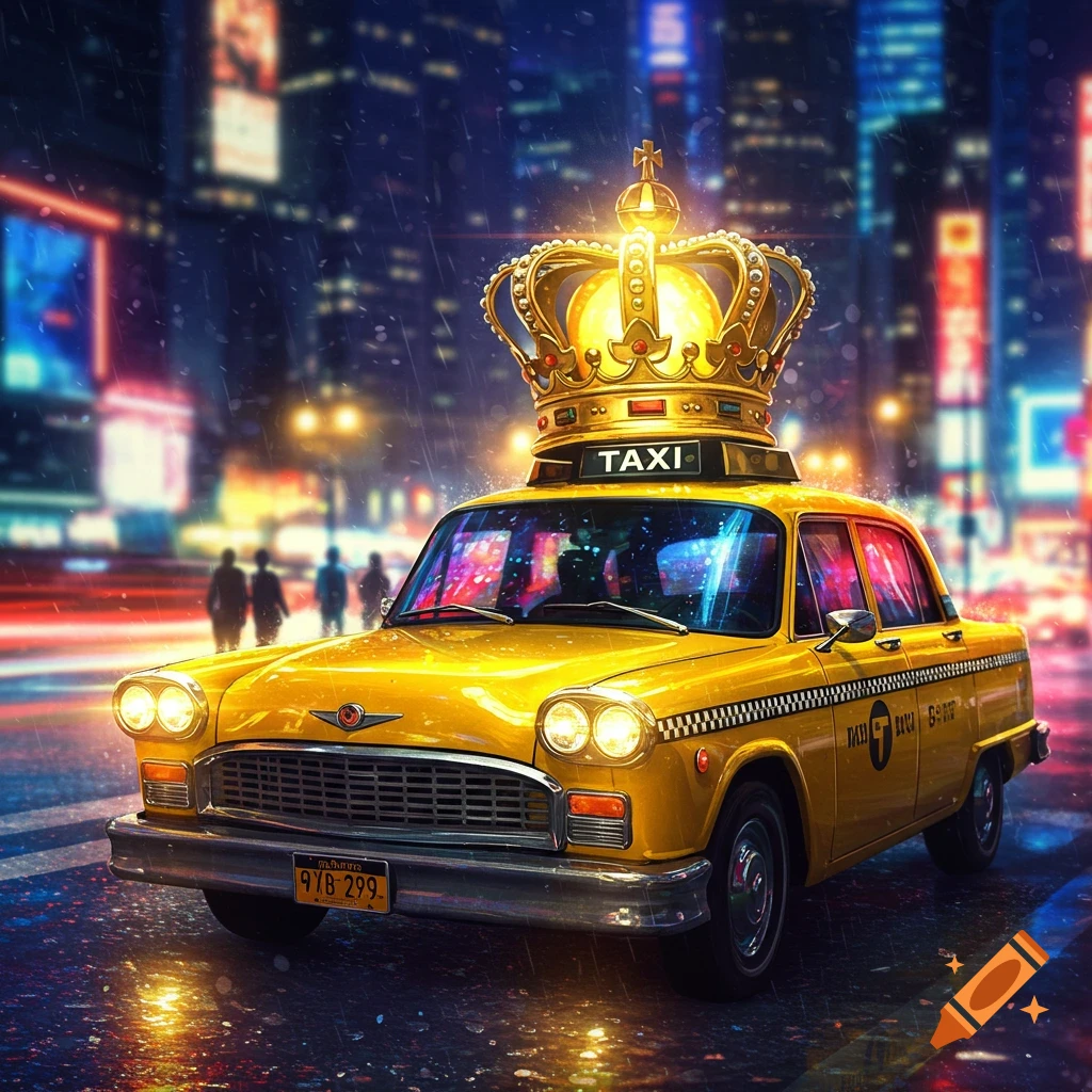 A vibrant yellow taxi with a glowing golden crown on its roof drives down a wet city street at night, surrounded by neon lights.
