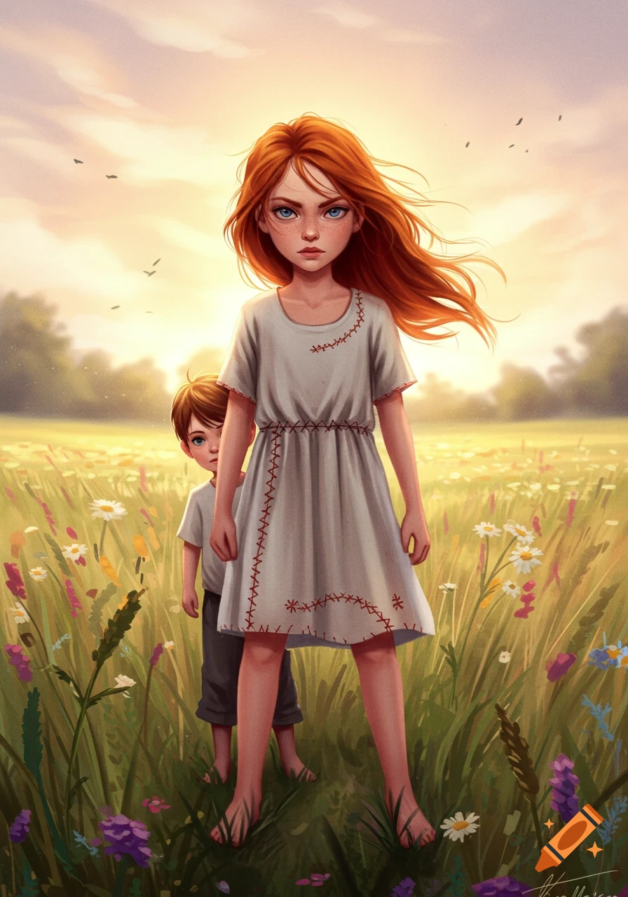 A defiant red-haired girl stands in a sunny wildflower meadow, a smaller boy peeking from behind her in a stylized illustration.