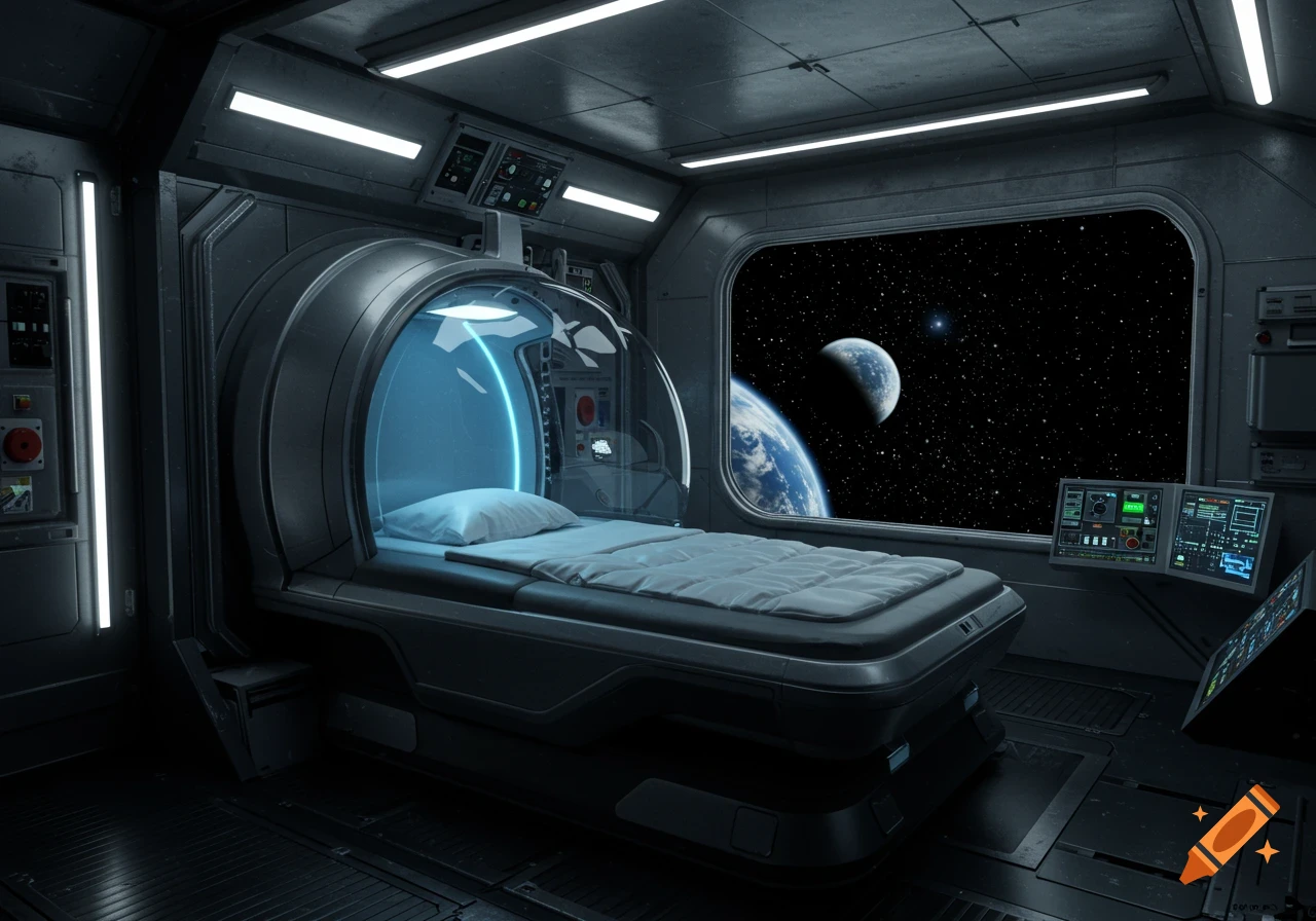 A futuristic sleeping pod with a blue cover inside a spaceship, looking out a window at Earth, the Moon, and stars in space.