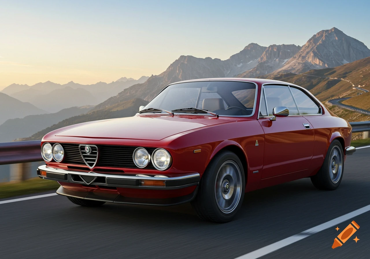 A red classic Alfa Romeo car drives on a winding mountain road at sunset.