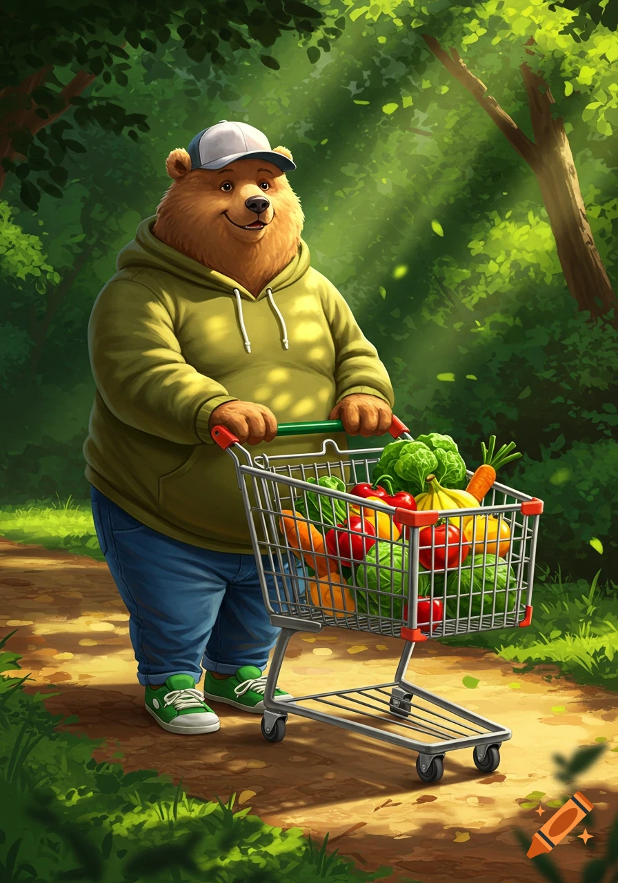 A happy cartoon bear in a grey cap, olive hoodie, and jeans pushes a shopping cart full of vegetables on a sun-dappled forest path.