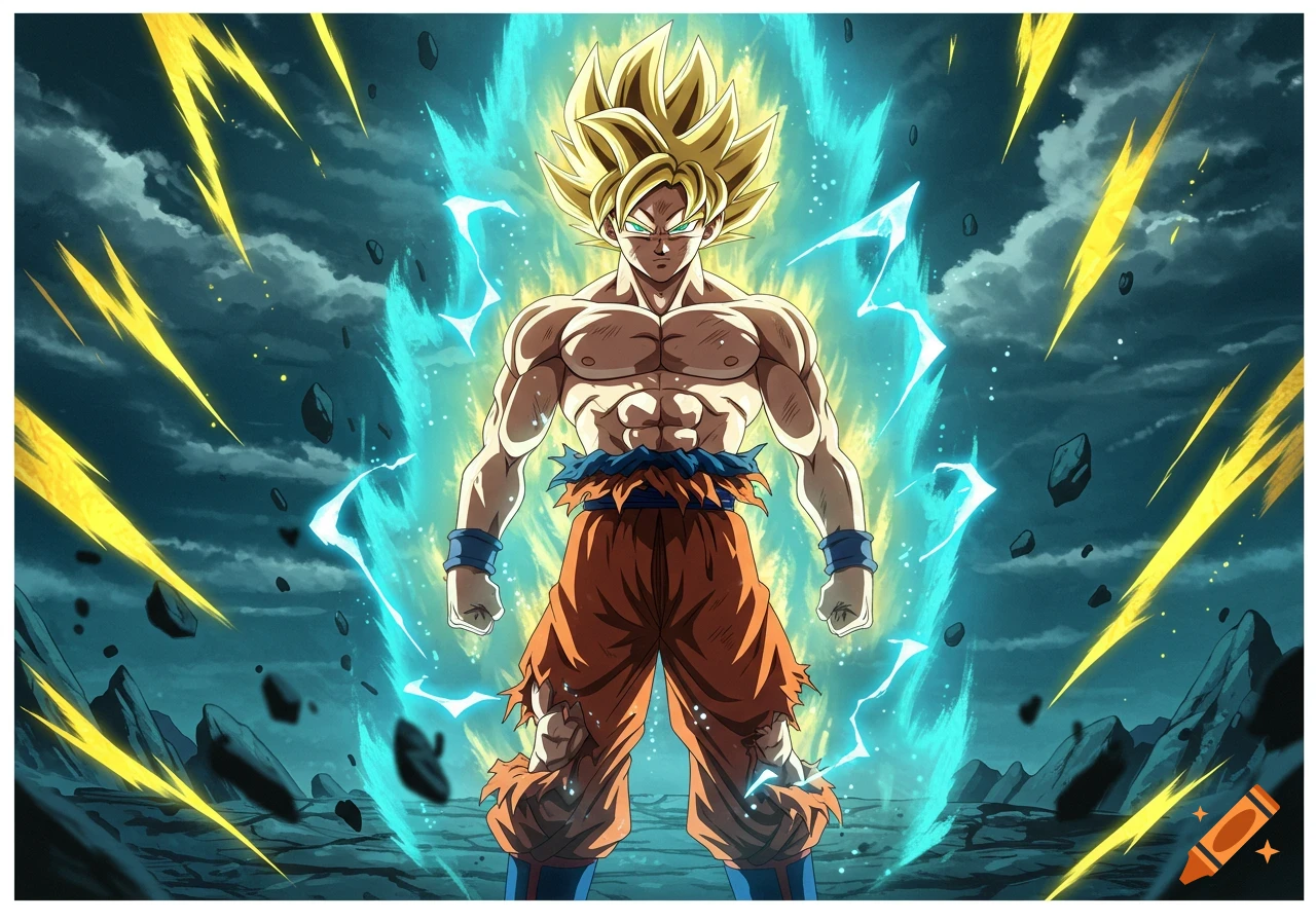 Goku, with golden spiky hair and blue energy aura, stands powerfully amidst yellow lightning and floating rocks in a dark, stormy landscape.