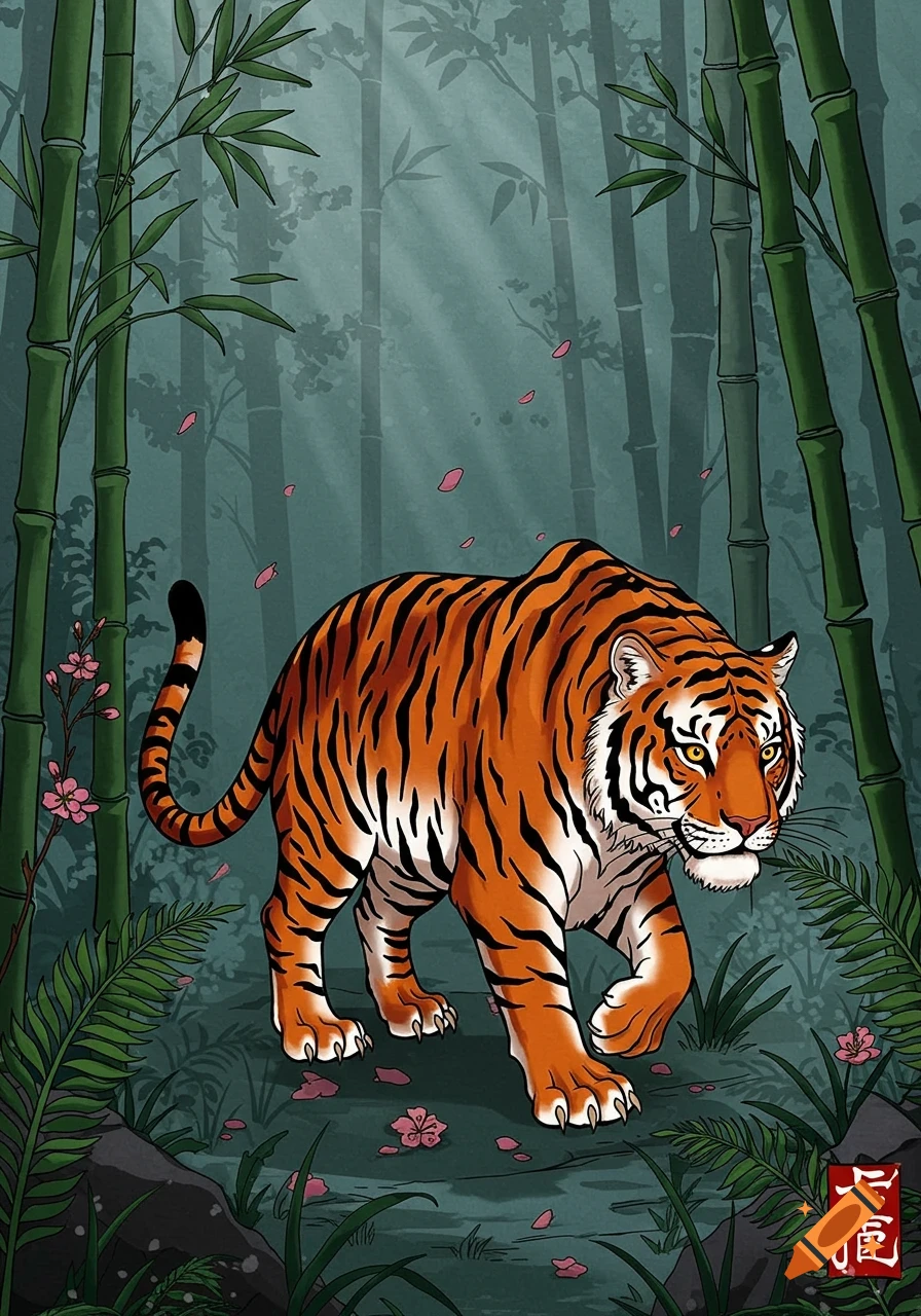 A traditional Japanese illustration of an orange tiger walking through a bamboo forest with pink blossoms.