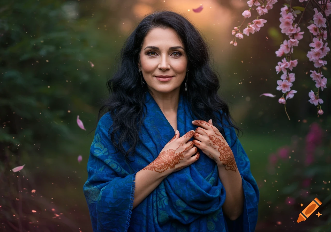 A woman with dark hair and mehndi-decorated hands wears a blue patterned shawl in a garden with pink cherry blossoms and falling petals.