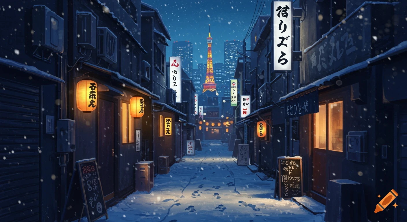 Snowy Tokyo alley at night with illuminated lanterns, shops, and the city skyline featuring Tokyo Tower, in an anime style.