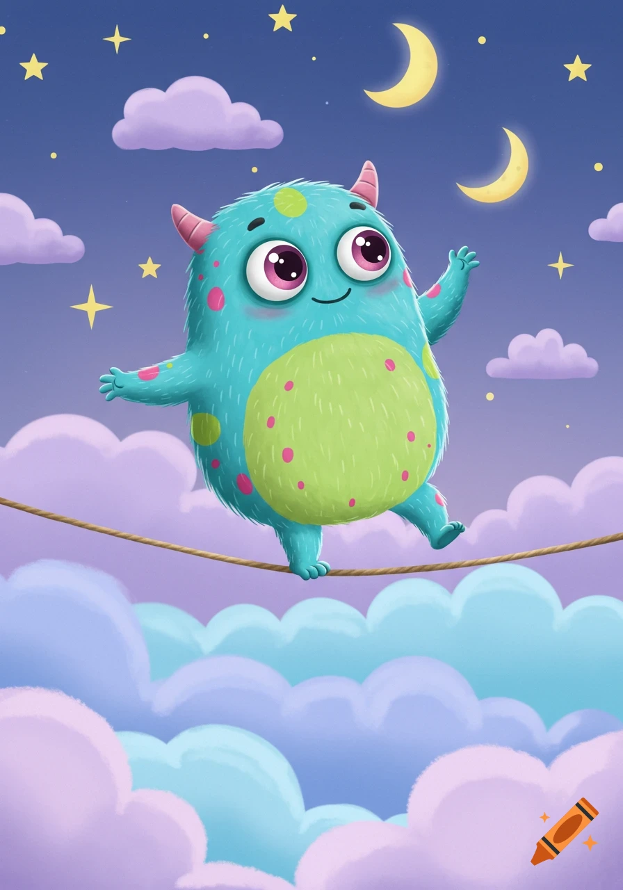 A cute, fluffy blue monster with pink spots balances on a tightrope above colorful clouds under a starry night sky with crescent moons, cartoon style.