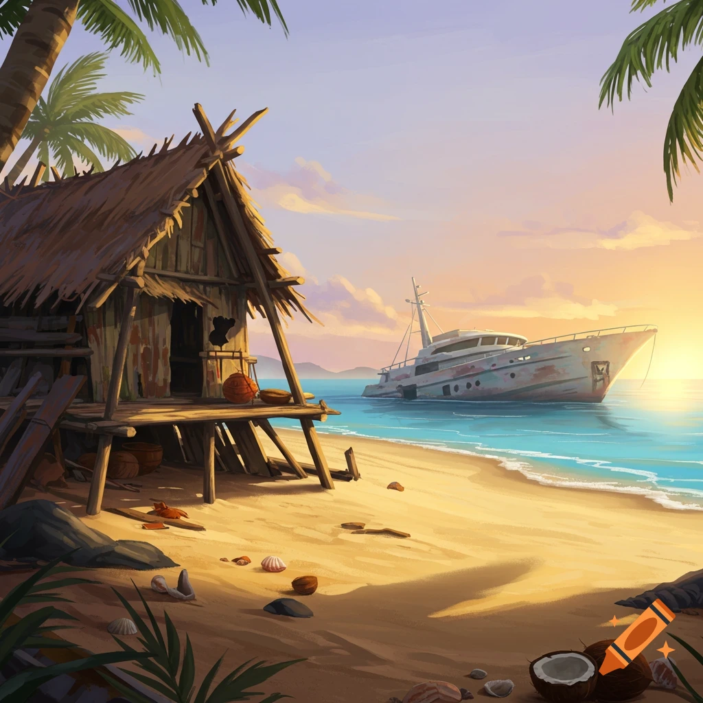 A vibrant illustration of a makeshift hut on a sunny tropical beach with a shipwrecked yacht in the turquoise water.