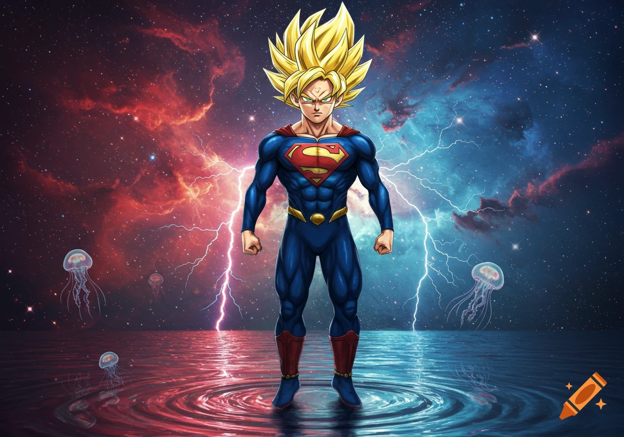 Anime character Goku as Superman with Super Saiyan hair stands in water reflecting a stormy red and blue cosmic sky with jellyfish.