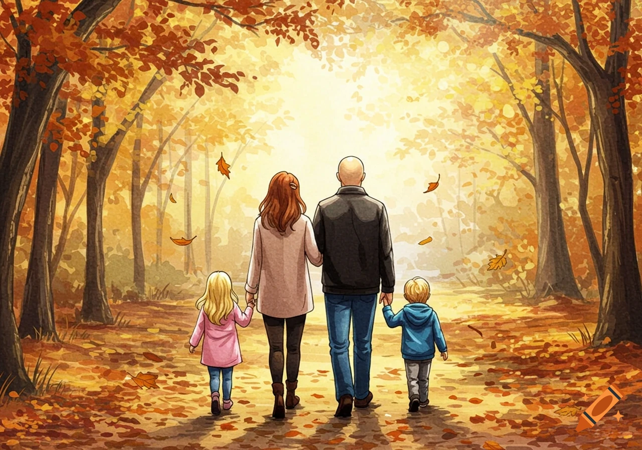 A family walks away from the viewer on a path covered in fallen leaves through an autumn forest in a watercolor style.