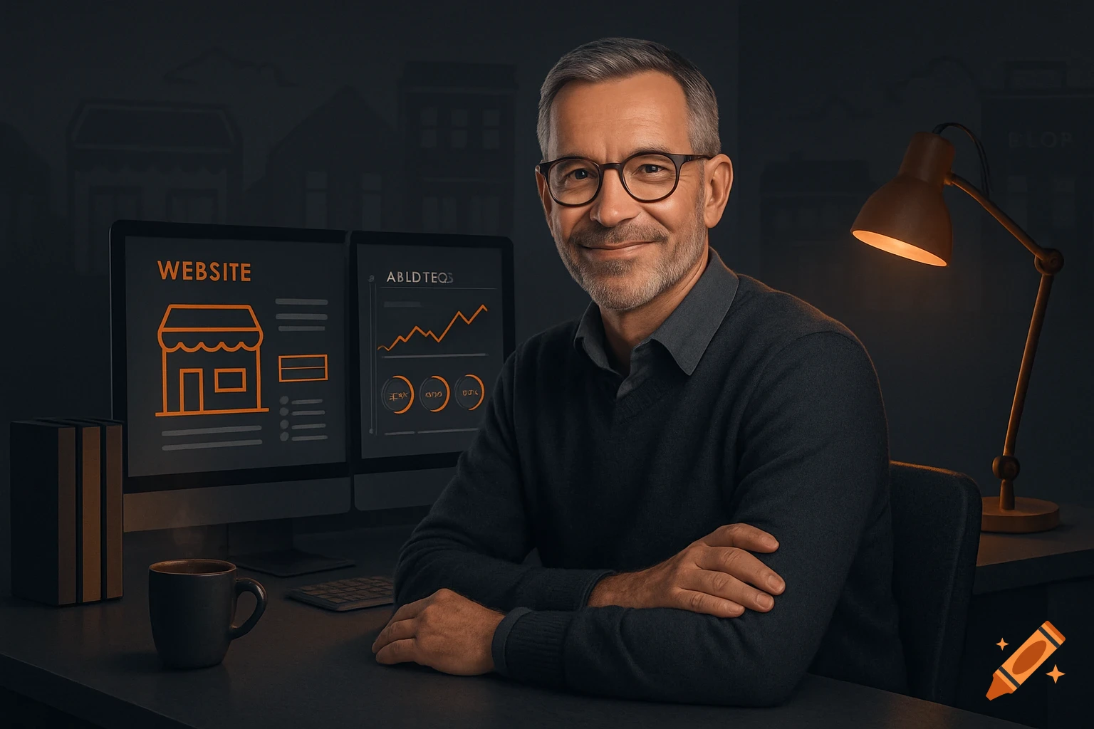 Smiling middle-aged man with glasses and beard sits at a desk with glowing monitors displaying website analytics.