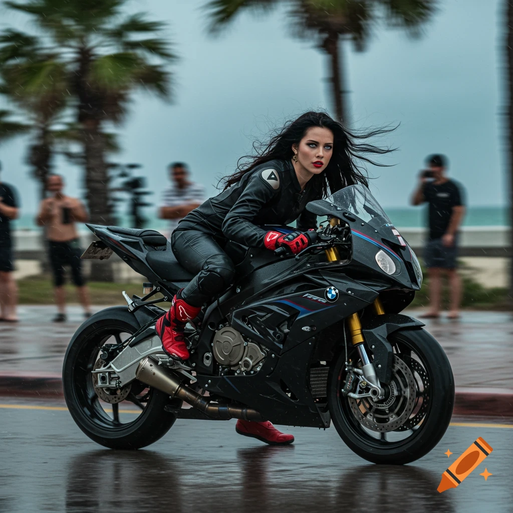 A woman in a black racing suit and red boots rides a black BMW motorcycle in the rain on a street with palm trees and blurred people in the background.