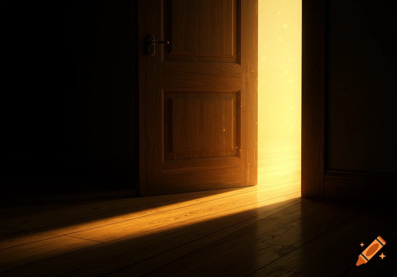 A wooden door stands ajar in a dark room, revealing a bright, golden light streaming onto a polished wooden floor.