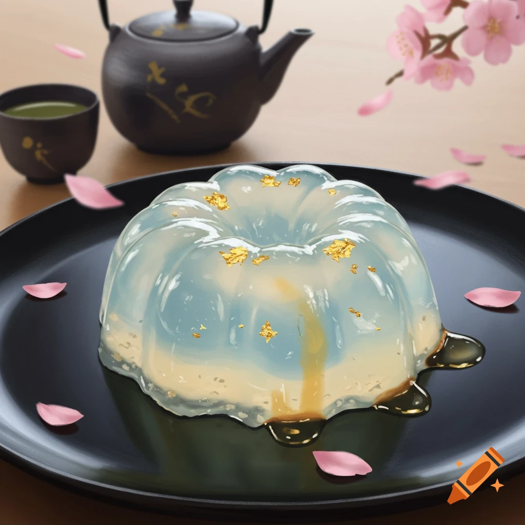 A translucent raindrop cake topped with gold leaf on a black plate, next to a dark teapot and teacup, with pink cherry blossoms.