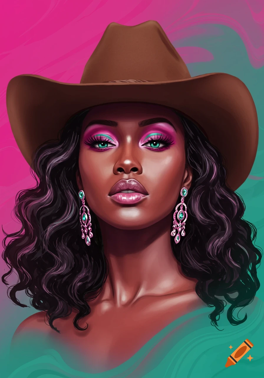 Stylized digital illustration of a dark-skinned woman in a cowboy hat with vibrant pink and teal makeup and elegant earrings.