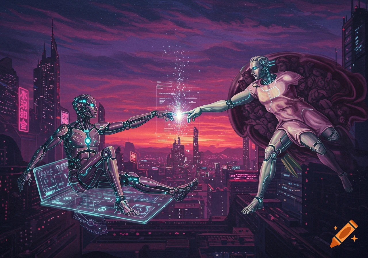 A vibrant cyberpunk reinterpretation of The Creation of Adam, featuring two robots reaching to touch fingers over a futuristic cityscape at sunset. One robot sits on a glowing holographic platform while the other floats, adorned with pink fabric and surrounded by faces.