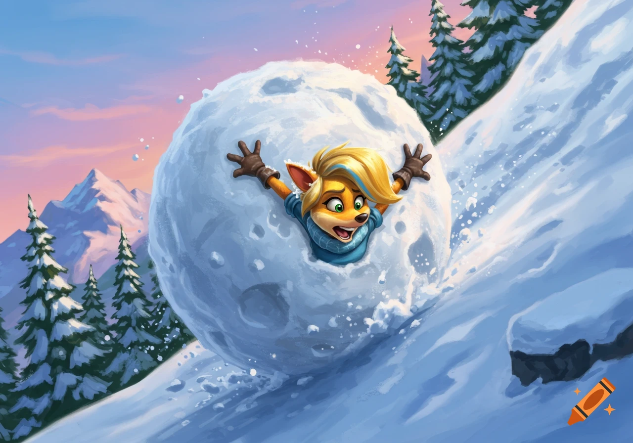 Tawna Bandicoot, a cartoon fox character, looks terrified as she is stuck inside a giant snowball rolling down a snowy mountain slope.