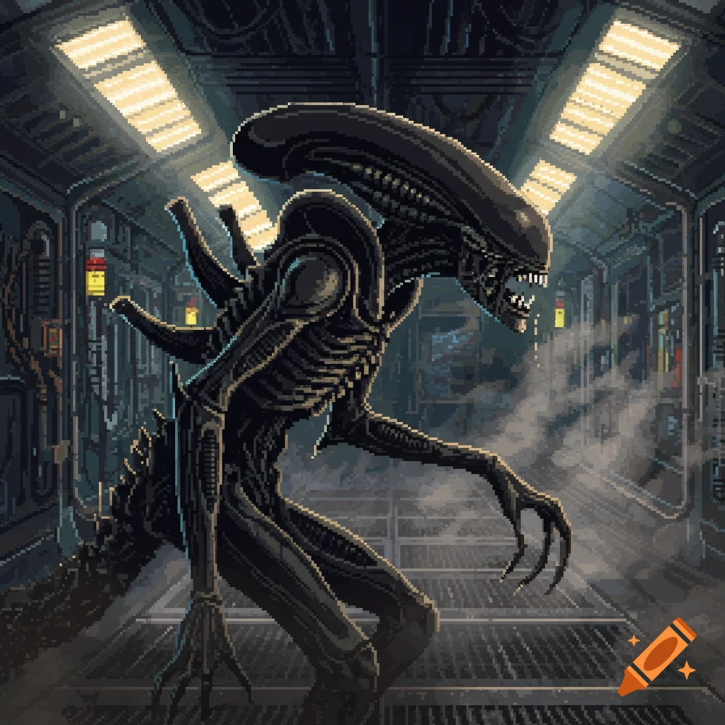 A pixel art xenomorph from Alien (1979) stands in a dark spaceship corridor.