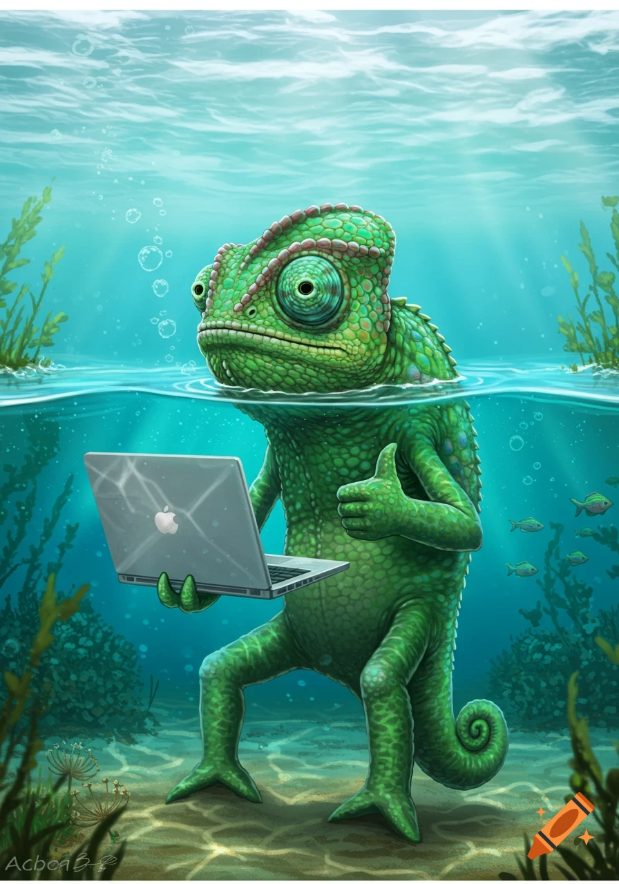 Green chameleon in blue water gives a thumbs up while holding a laptop with an Apple logo in a vibrant illustration style.