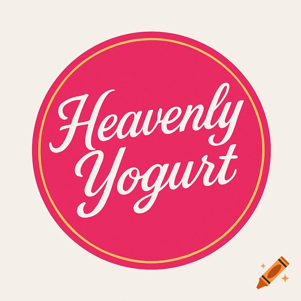 Hot pink circular logo with white script text 'Heavenly Yogurt' and a gold border, on an off-white background.