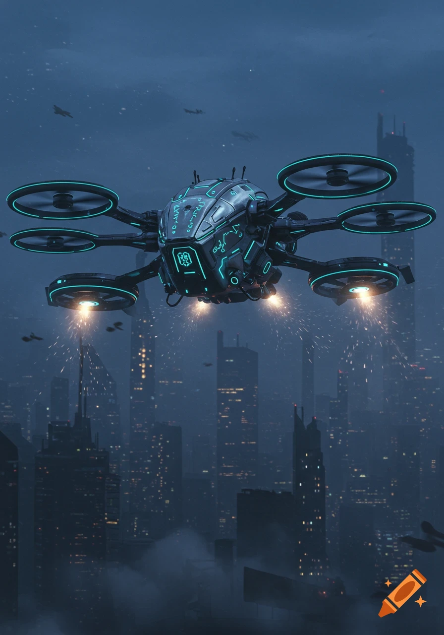 A futuristic, six-rotor drone with glowing blue accents and thrusters hovers over a dark, sprawling cityscape at night.