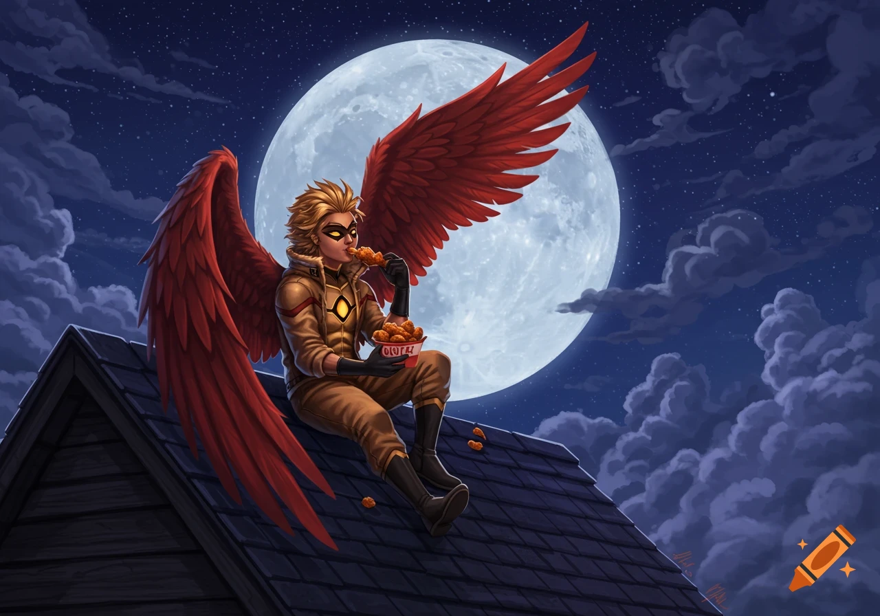 Anime character Hawks with red wings sits on a rooftop at night, eating fried chicken against a giant full moon.