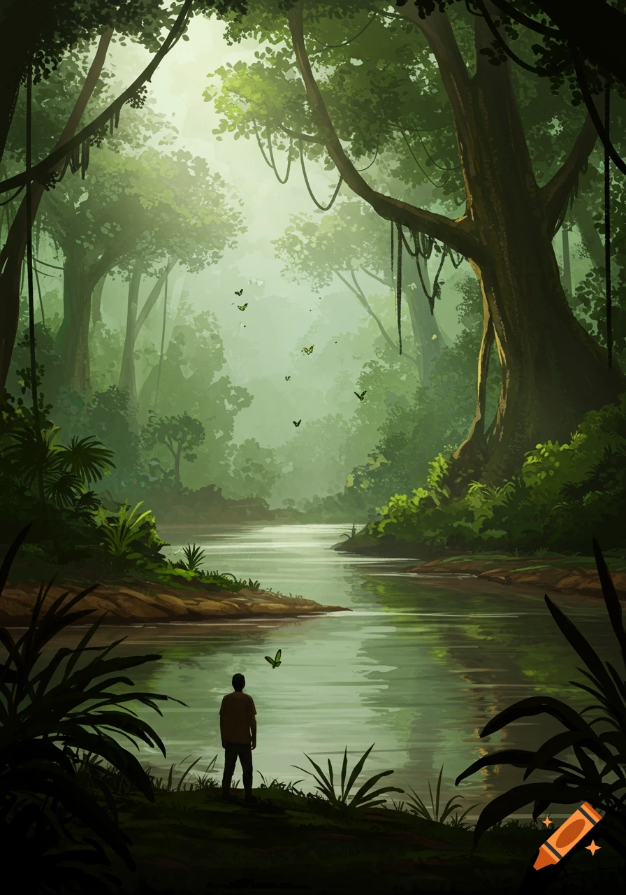 A man stands by a river in a lush, green rainforest with light filtering through the canopy, in a digital art style.