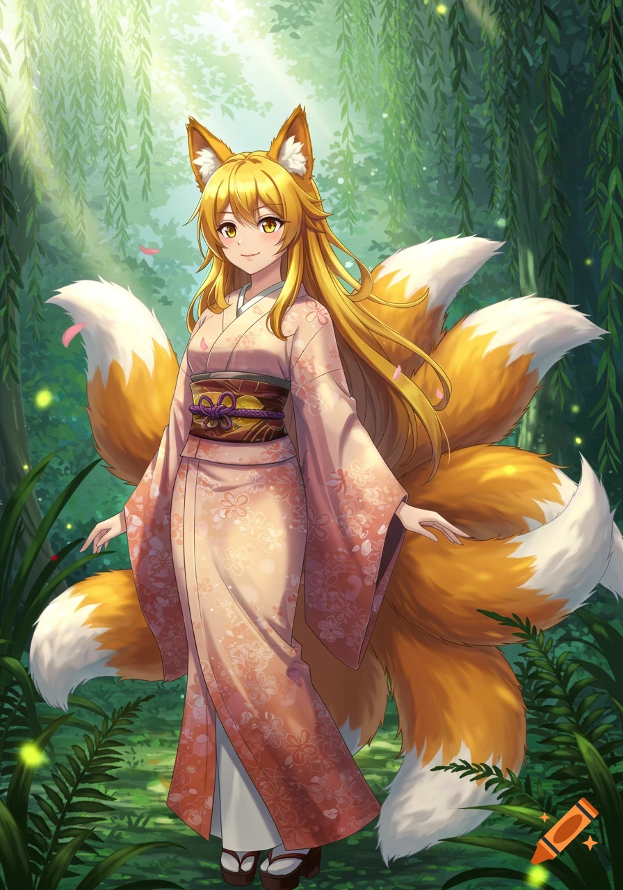 Anime foxgirl with blonde hair and multiple fluffy tails wears a pink kimono in a sunlit forest.