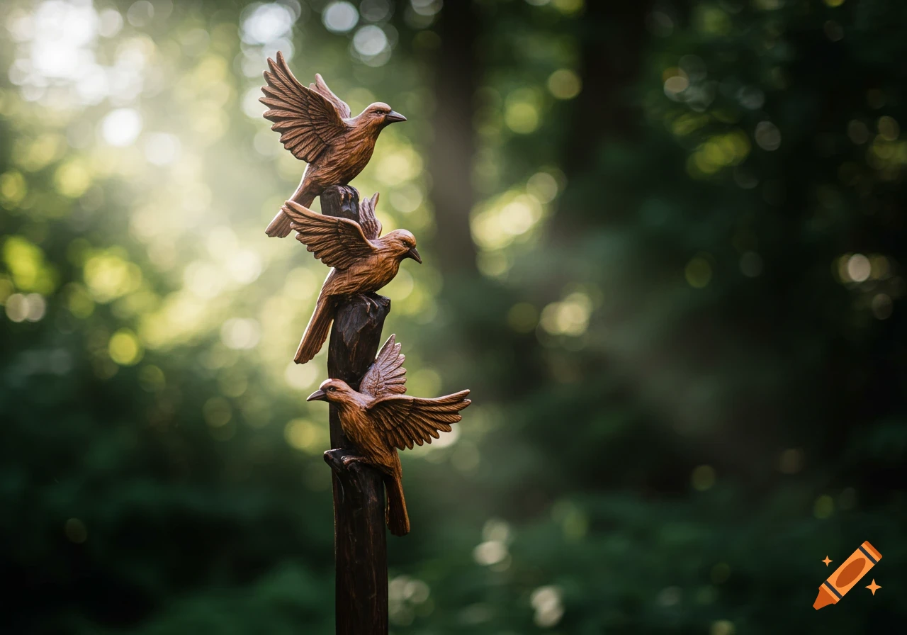 Three detailed wooden bird carvings on a staff against a blurred green forest background.