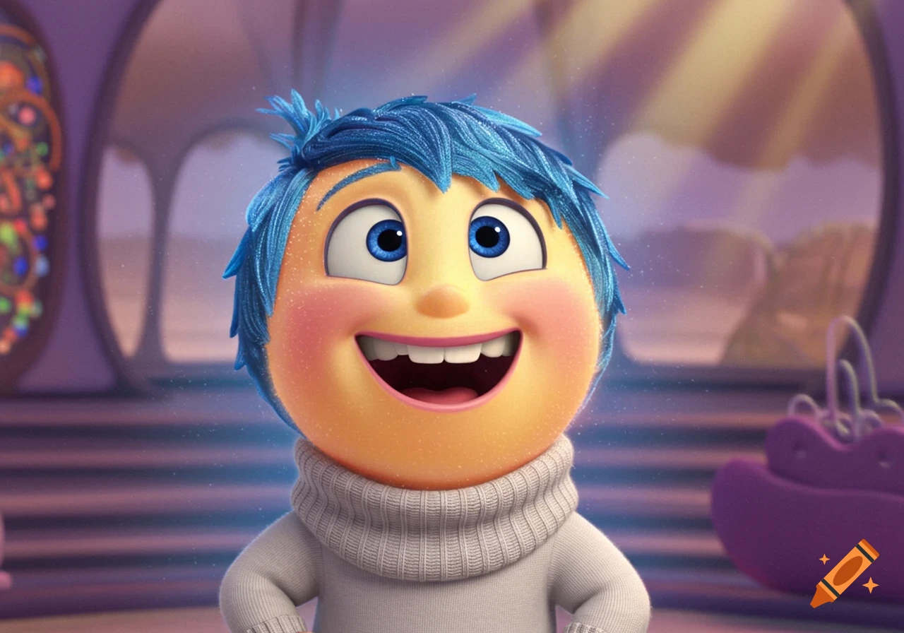 Joy from Inside Out, a Pixar animated character, smiling brightly with blue hair and pink cheeks, wearing a light gray turtleneck sweater.