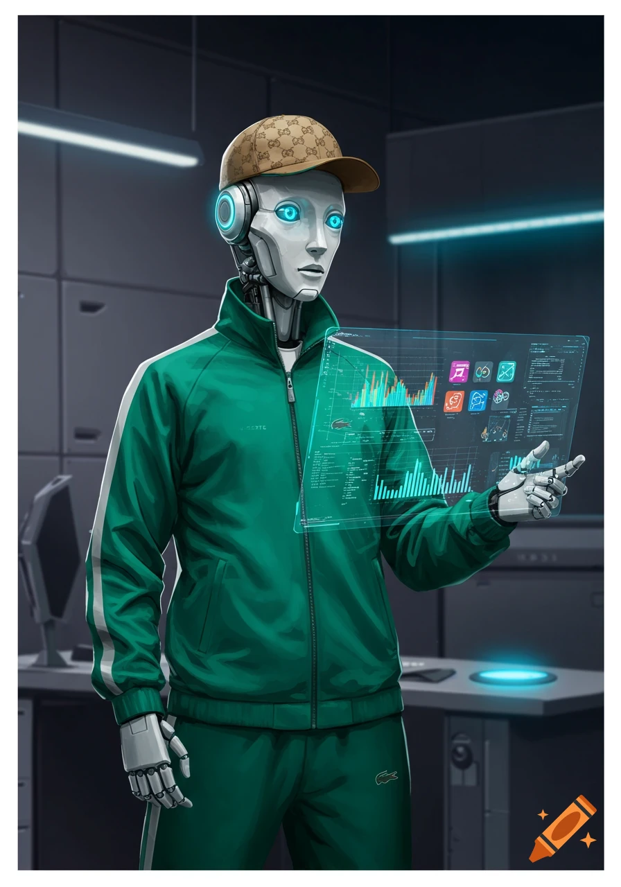 A robot in a green Lacoste tracksuit and Gucci cap holds a transparent holographic screen with glowing data in a futuristic room.