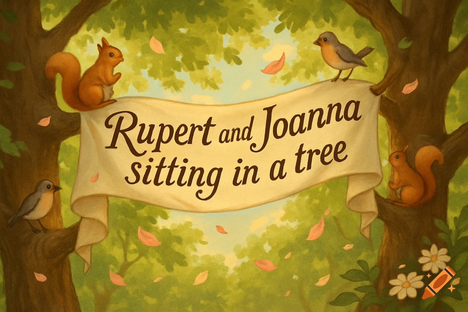 Whimsical illustration of a banner between two trees, with squirrels and birds, reading 'Rupert and Joanna sitting in a tree'.