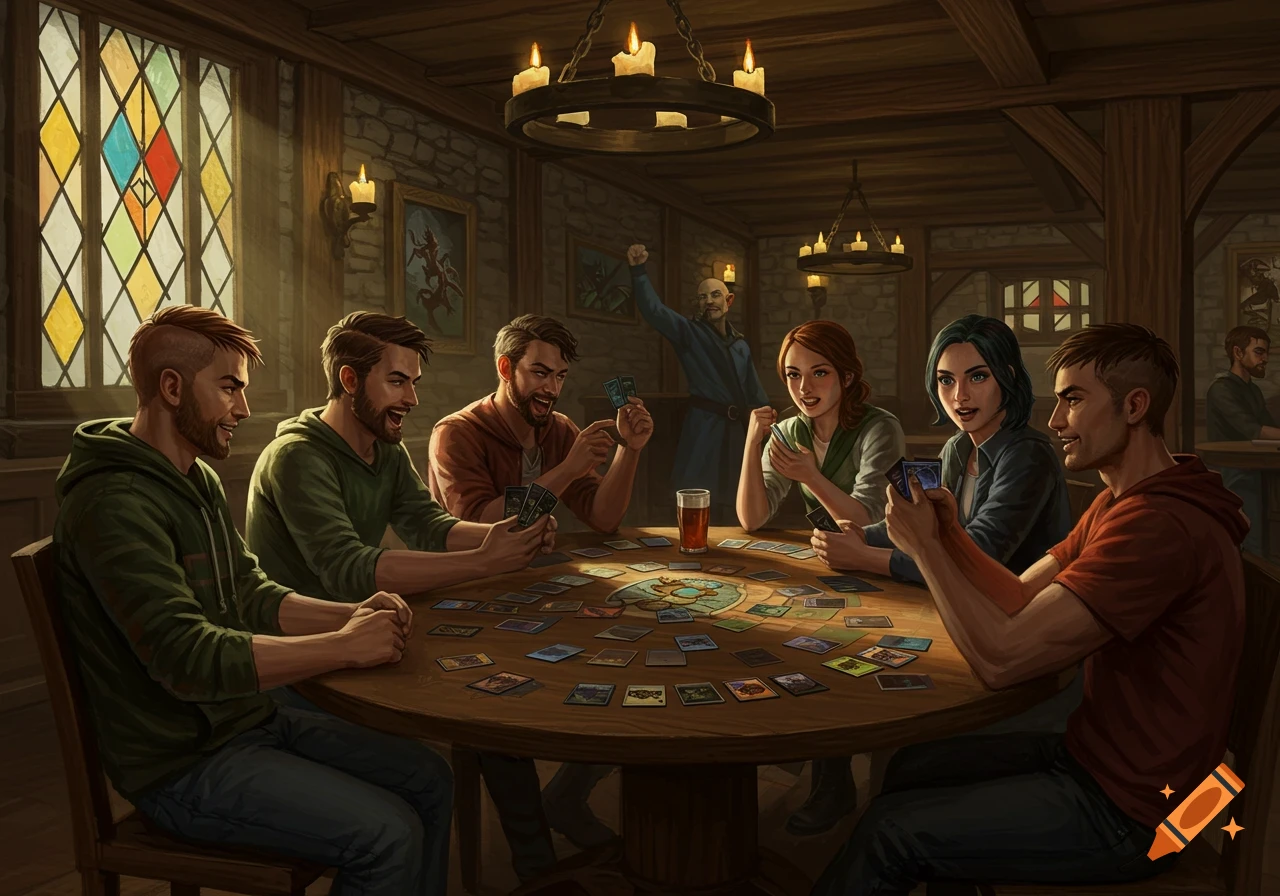 Friends play a fantasy card game at a round table in a rustic, dimly lit tavern with stained glass and chandeliers.