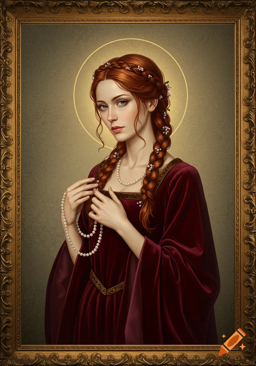 A red-haired woman in a deep red velvet dress holds a pearl necklace in a Renaissance-style portrait with a golden frame.