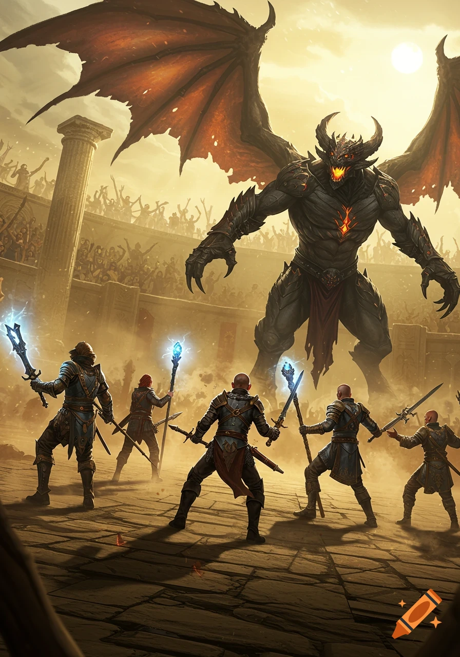 Armored warriors face a massive winged demon in a crowded arena, epic fantasy art.