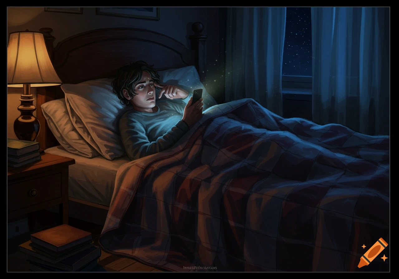 Digital painting of a worried person in bed, lit by a phone screen at night. A lamp glows, stars visible outside.