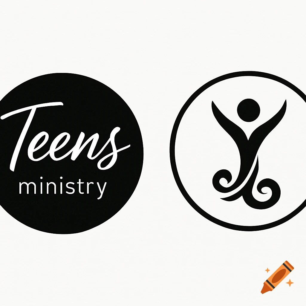 Two black and white circular logos: one for 'Teens ministry', the other an abstract human figure with raised arms.
