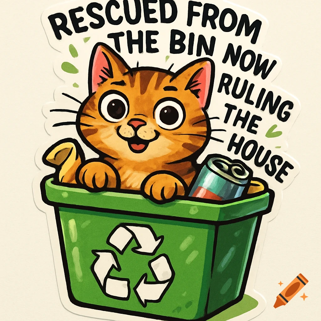 Playful cartoon sticker of an orange tabby cat smiling in a green recycling bin with the text 'RESCUED FROM THE BIN NOW RULING THE HOUSE'.